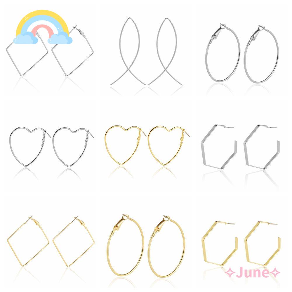 JUNE Bông Tai Tròn / Vuông / Trái Tim / Lục Giác Thời Trang Punk