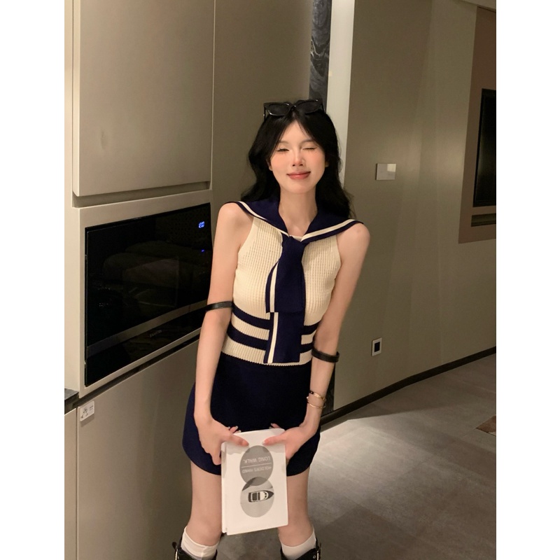 Set Áo Tank Top Cổ Thủy Thủ + Chân Váy Dệt Kim Thời Trang Mùa Hè Mới Cho Nữ