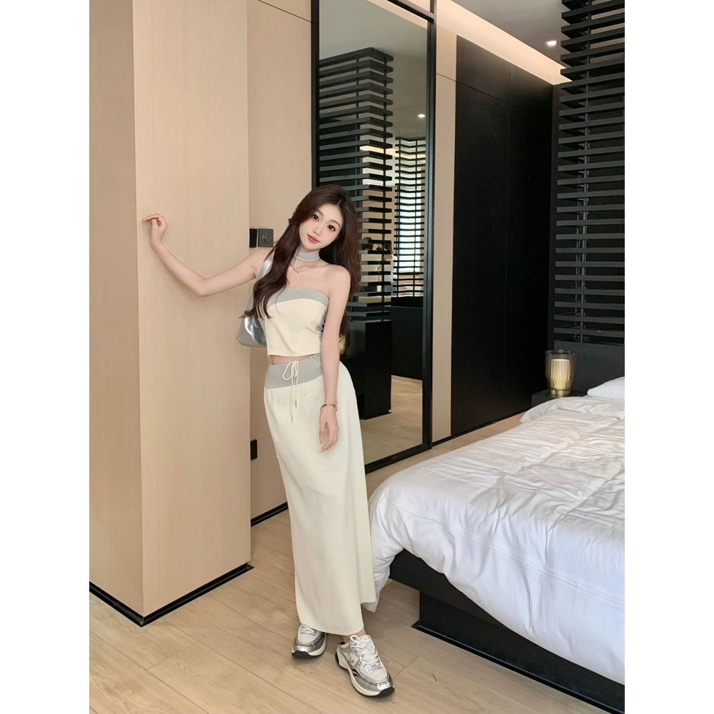 Set Áo Lửng Cổ Yếm + Chân Váy Chữ A Màu Sắc Tương Phản Phong Cách Hàn Quốc Dành Cho Nữ