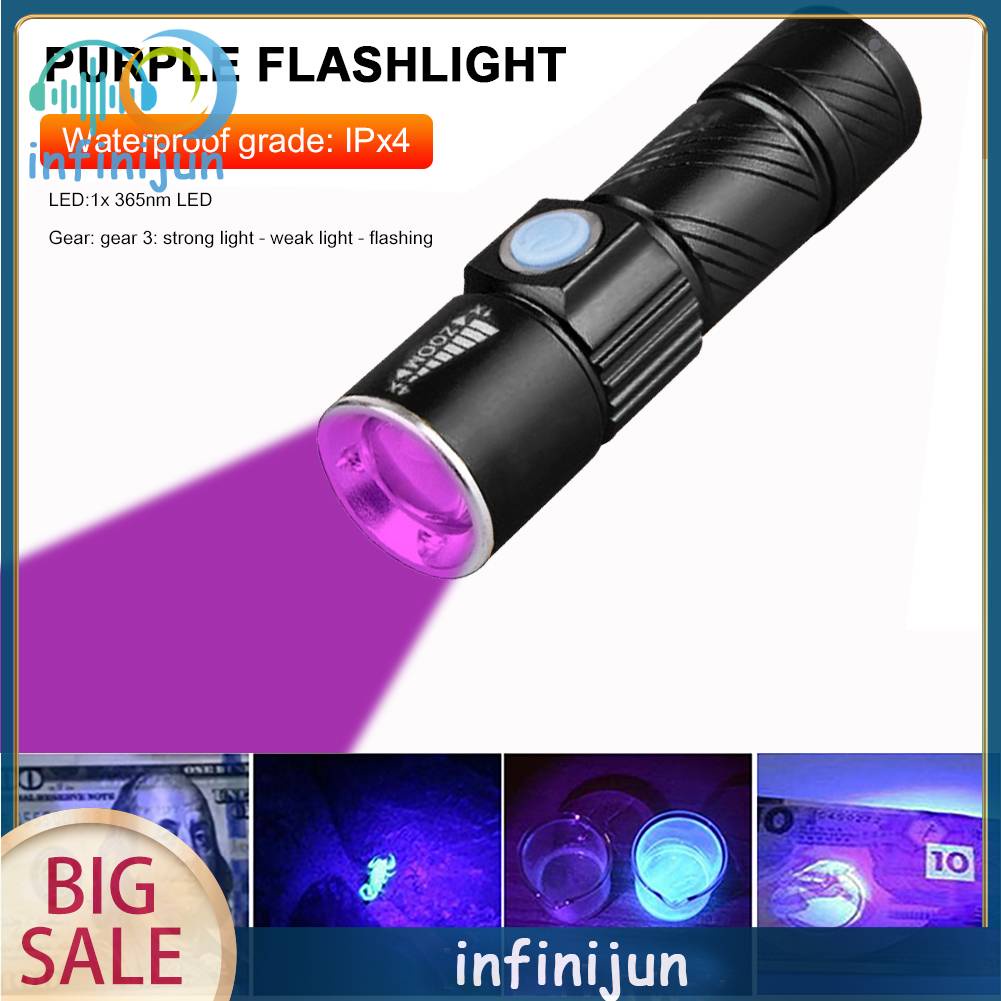 Đèn Pin Chống Thấm Nước 365nm 3 Chế Độ Chiếu Tia UV