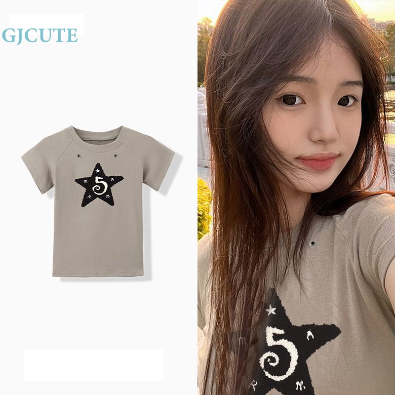 Áo Croptop Ngắn Tay Cổ Tròn Thêu Ngôi Sao Dễ Thương Y2k