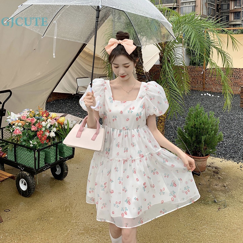 Đầm Dáng Rộng Cổ Vuông Tay Phồng In Họa Tiết Hoa Thời Trang Mùa Hè Xinh Xắn Cho Nữ