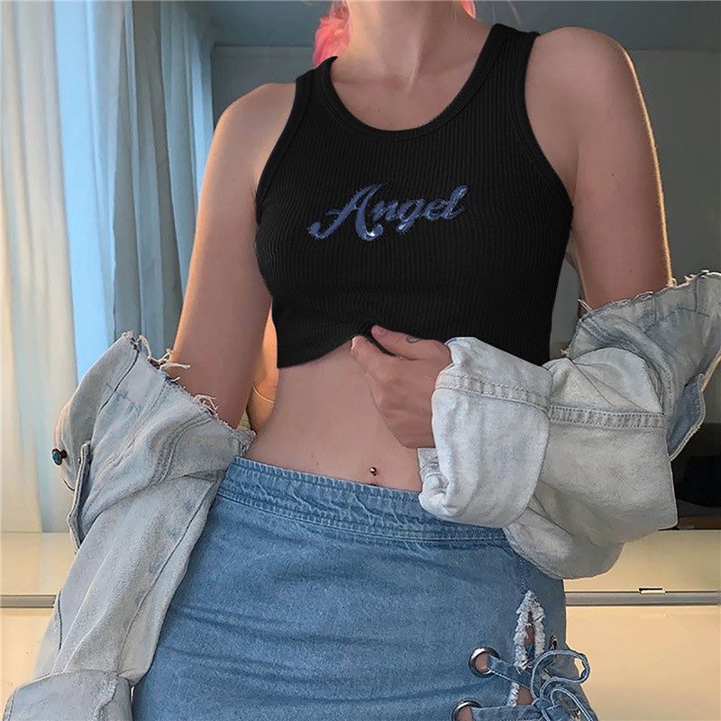 Áo Croptop Hai Dây Thêu Chữ Y2k Màu Trơn Thoáng Khí Phong Cách Punk Đường Phố Mùa Hè Mới Cho Nữ