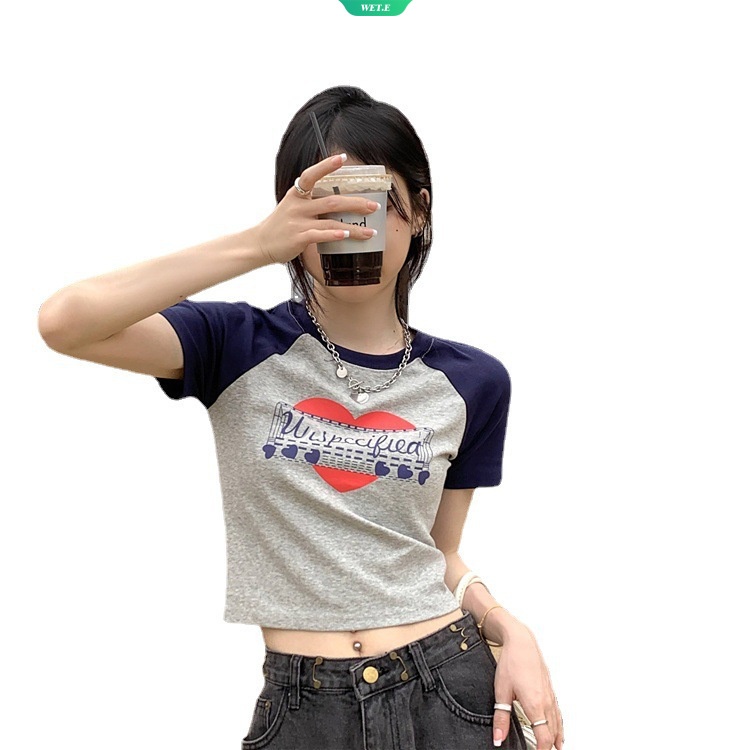 Mỹ cay giản dị ngắn tay áo T-shirt Phụ nữ xu hướng ngắn Slim in ngắn tay áo 2023 mùa hè mới hàng đầu