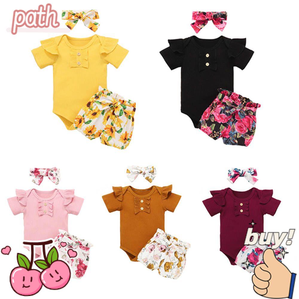 PATH Set Áo Thun Ngắn Tay + Quần Short In Hoa Hướng Dương + Băng Đô Nơ Cho Bé Gái