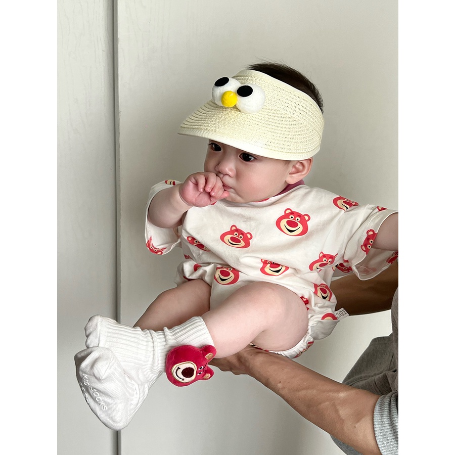 Bộ Áo Liền Quần Tay Ngắn In Hình Gấu Đỏ Hoa Hồng Thời Trang Mùa Hè Cho Bé Sơ Sinh Từ 0-2