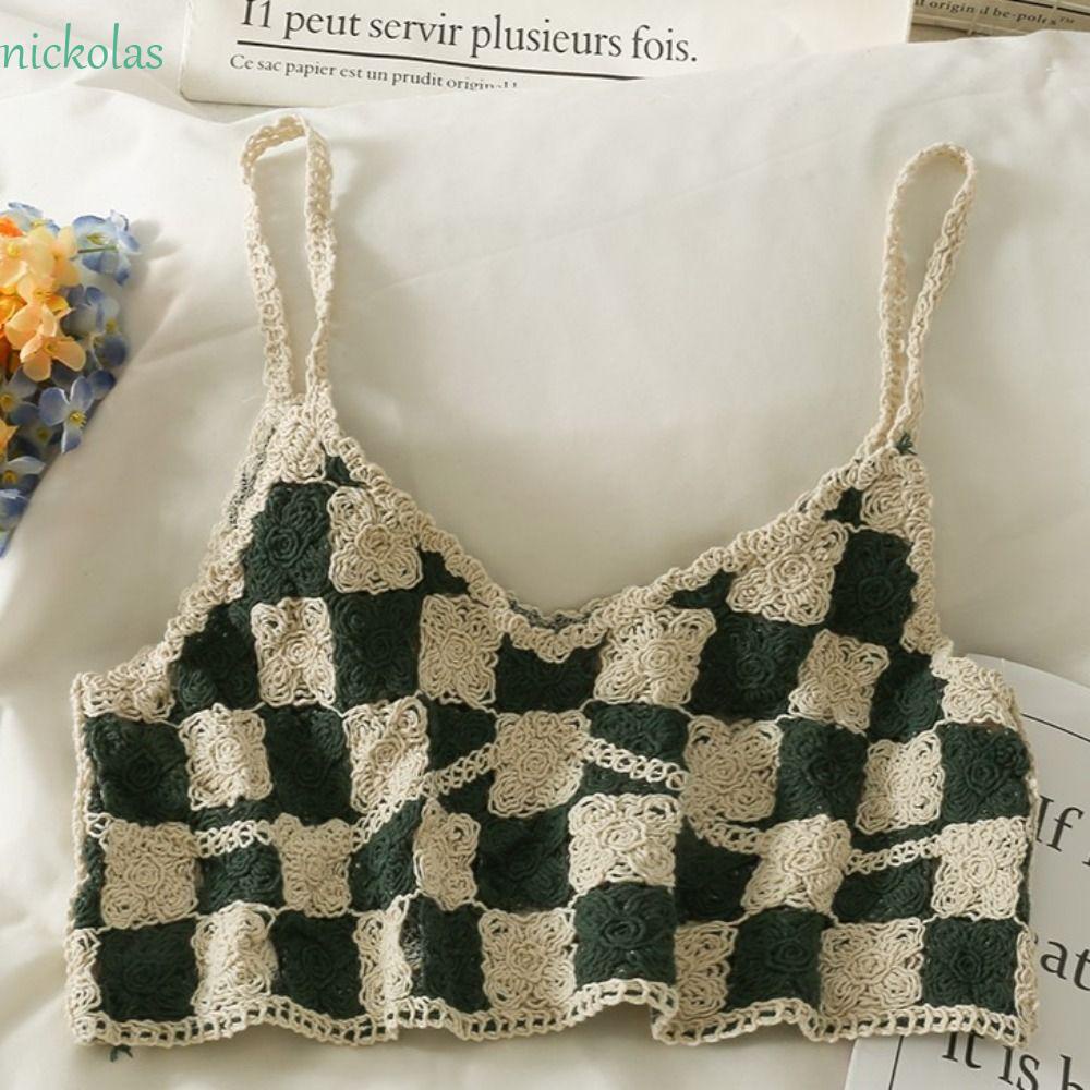 NICKOLAS Áo Croptop Dệt Kim Không Tay Dáng Rộng Họa Tiết Sọc Caro Phong Cách Hàn Quốc Thời Trang Đi Biển Xinh Xắn Cho Nữ