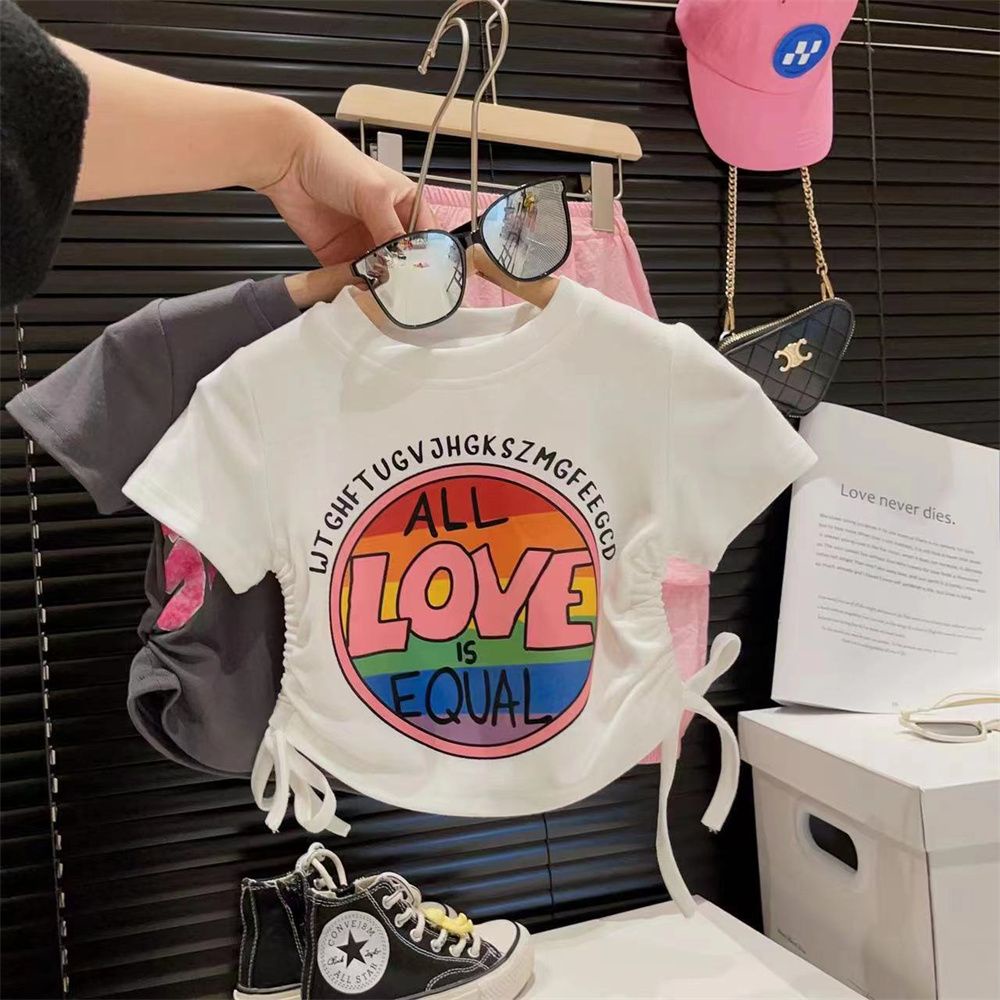 Áo Thun Cotton Ngắn Tay Dây Rút Thời Trang Mùa Hè 2023 Phong Cách Hàn Quốc Cho Bé Gái