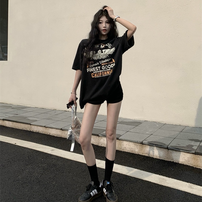 Áo Thun Ngắn Tay Dáng Rộng In Chữ Thời Trang Retro Cá Tính