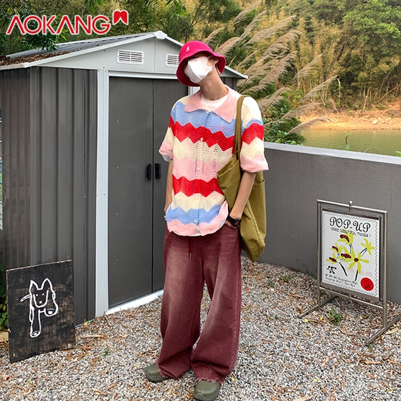 Aokang Áo Sơ Mi Nam Dệt Kim Ngắn Tay Cổ Gập Đa Năng Thời Trang Mùa Xuân Mới