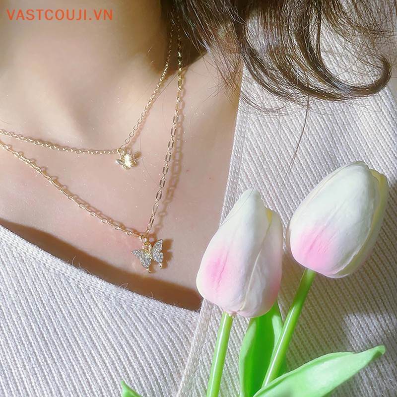 Vòng cổ Hai Lớp Mặt Hình Bướm Lấp Lánh Thời Trang Cho Nữ