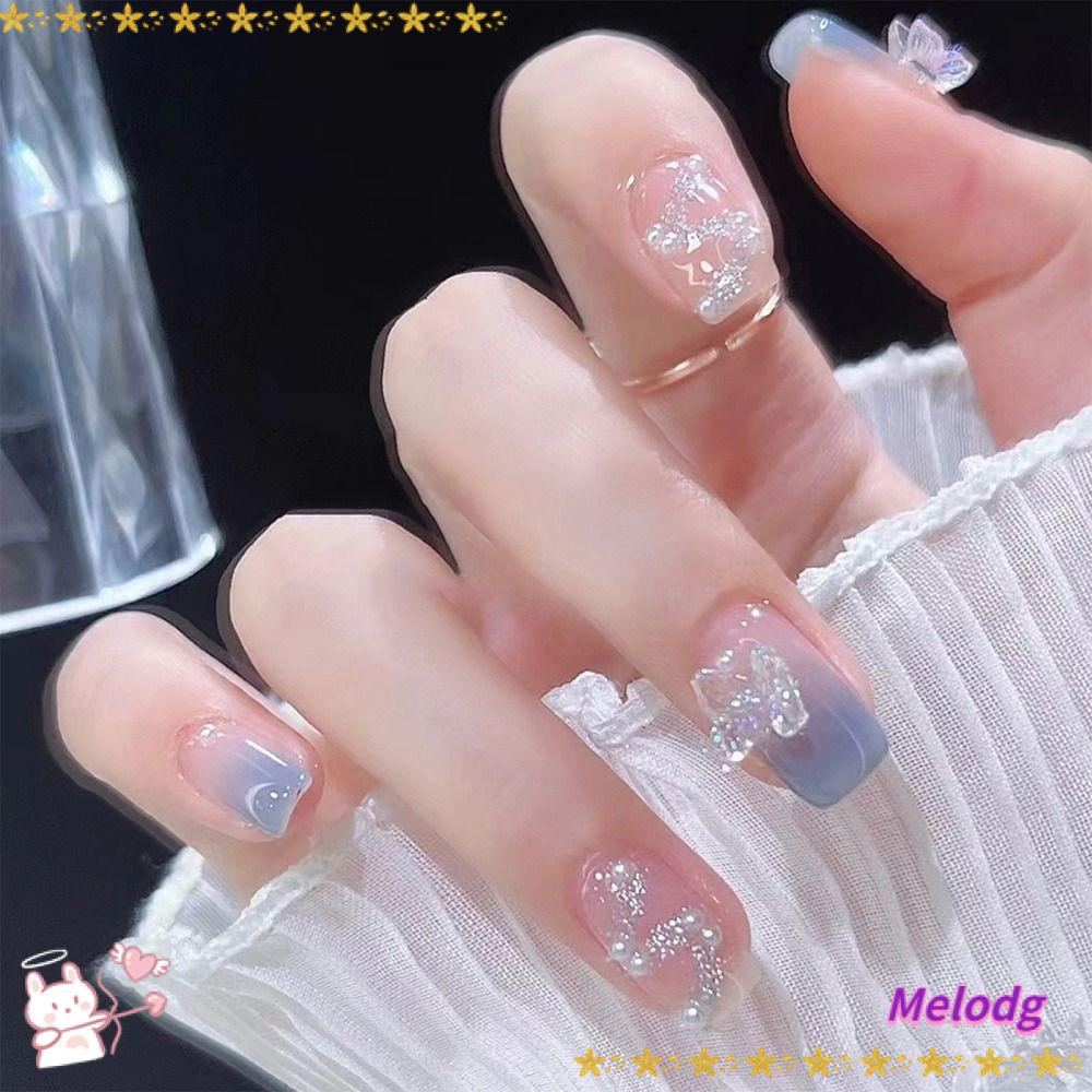 MELODG Hộp 24 Móng Tay Giả Ngắn Đính Đá Hình Bướm Che Phủ Toàn Diện Có Thể Tháo Rời Cho Nữ