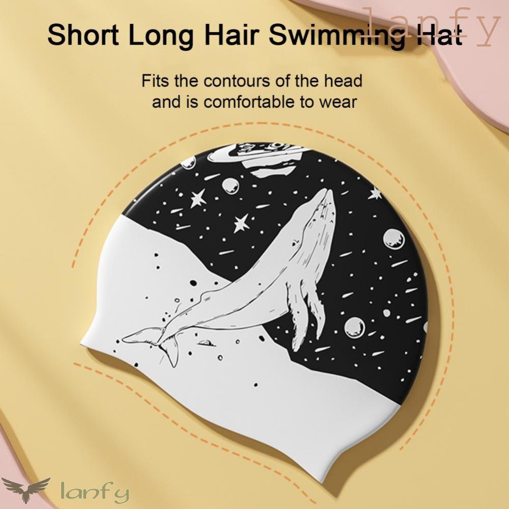 LANFY Mũ Bơi Silicon Hai Mặt Màu Đen Chống Thấm Nước In Họa Tiết Xinh Xắn Dành Cho Người Lớn