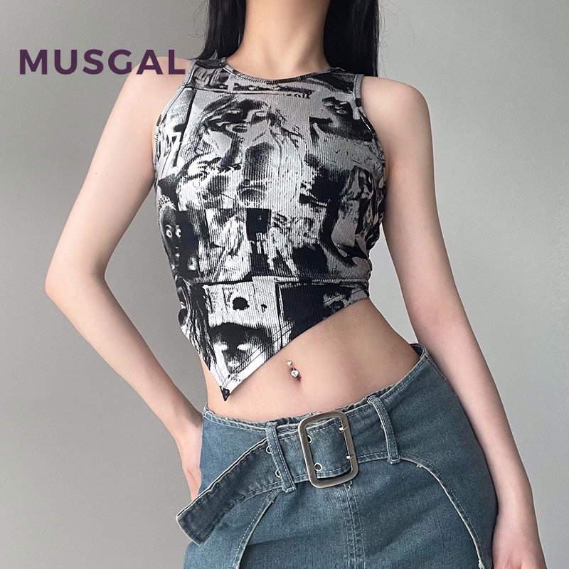 Musgal Áo Tanks 2023 Sát Nách Cổ Tròn Hở Lưng Phối Màu Tương Phản Thời Trang Đường Phố Mới Cho Nữ