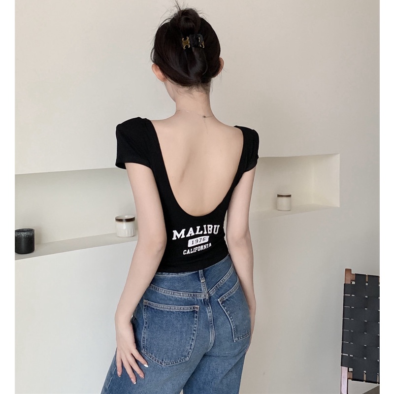 Áo Thun Tay Ngắn Hở Lưng Form Ôm Có Mút Đệm