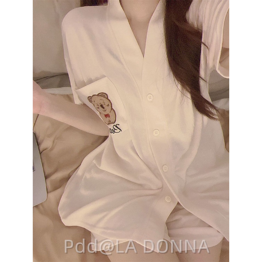 Bộ Đồ Ngủ Tay Ngắn In Hình Gấu Dễ Thương Phong Cách Nhật Bản Thời Trang Mùa Hè Cho Nữ