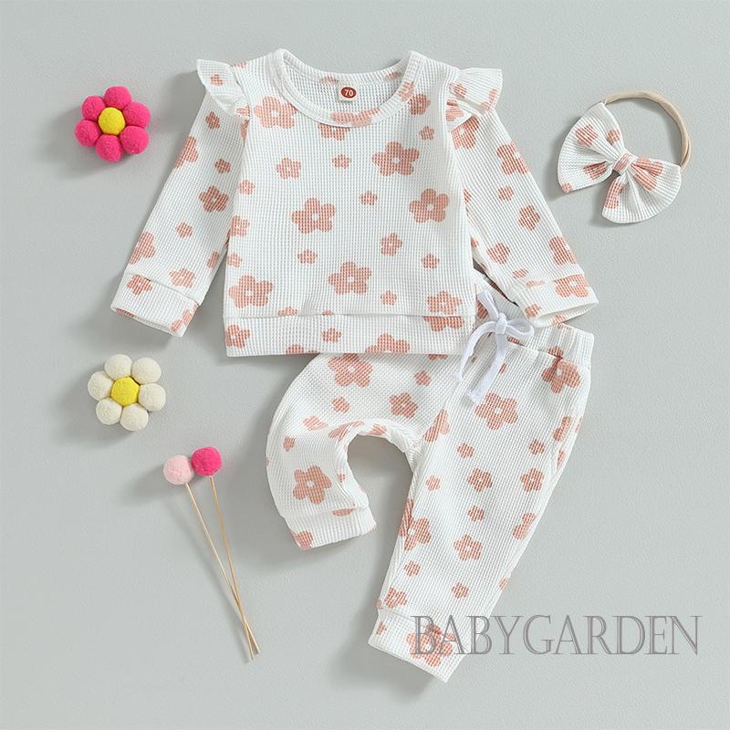 Set Đồ Gồm Áo Tay Dài + Quần + Băng Cài Đầu Rút Dây In Họa Tiết Hoa Cho Bé Gái 0-24 Tháng Tuổi