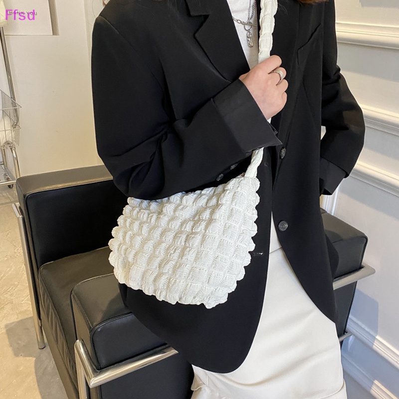 {Ffsd} Túi Xách Tote Xếp Ly Chần Bông Cotton Sức Chứa Lớn Họa Tiết Kẻ Sọc Thời Trang Cho Nữ * Bán Chạy