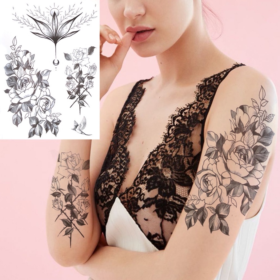 Hình Xăm Dán Tạm Thời Họa Tiết Hoa Hồng / Mẫu Đơn / Chim Dahlia / Hoa Hồng Phối Ren Gợi Cảm Cho Nữ
