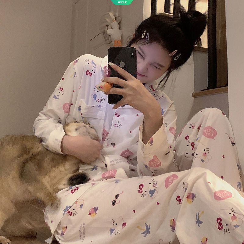 SANRIO Bộ Đồ Ngủ Tay Dài Quần Dài In Hình Hello Kitty Phong Cách Hàn Quốc Đơn Giản Thời Trang Xuân Thu Cho Nữ
