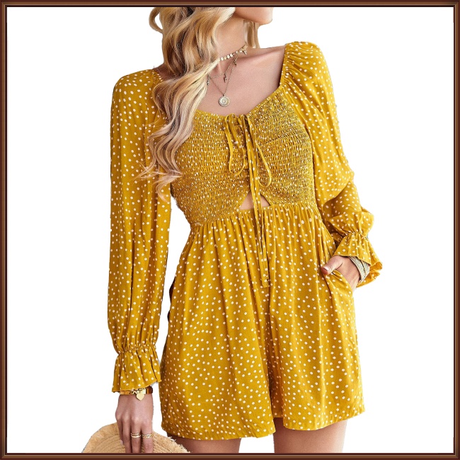 Bộ Áo Liền Quần Tay Dài Phồng Họa Tiết Chấm Bi Thời Trang Dành Cho Nữ