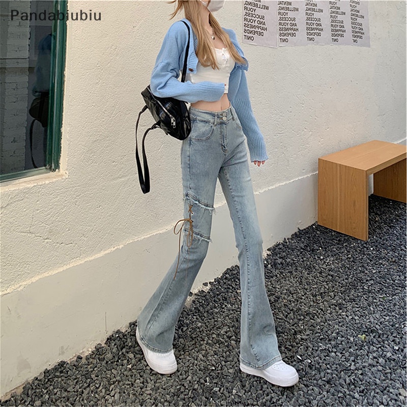 Y2K thời trang vá giản dị bùng jeans Phụ nữ mùa xuân Chic ren lên cao eo quần mỏng 2022 mới cổ điển dạo phố quần denim Joo
