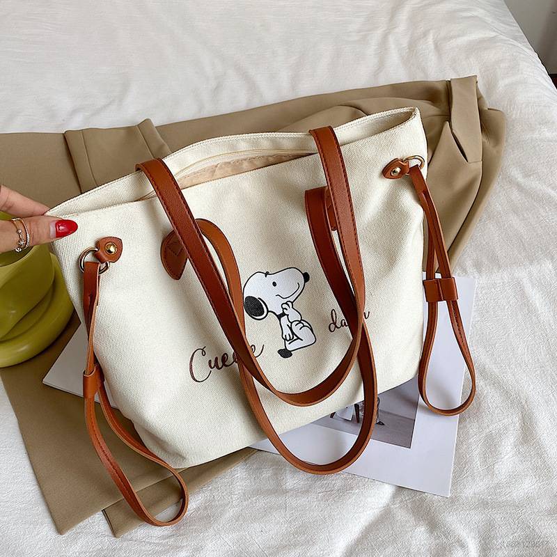 Túi Tote Vải Canvas Đeo Vai Cỡ Lớn In Họa Tiết Hoạt Hình Snoopy Dễ Thương Thời Trang Cho Nữ