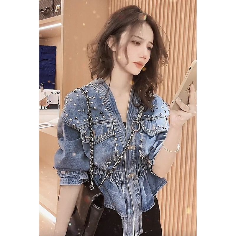 Áo Khoác Jeans Lửng Cổ V Thời Trang Dành Cho Nữ