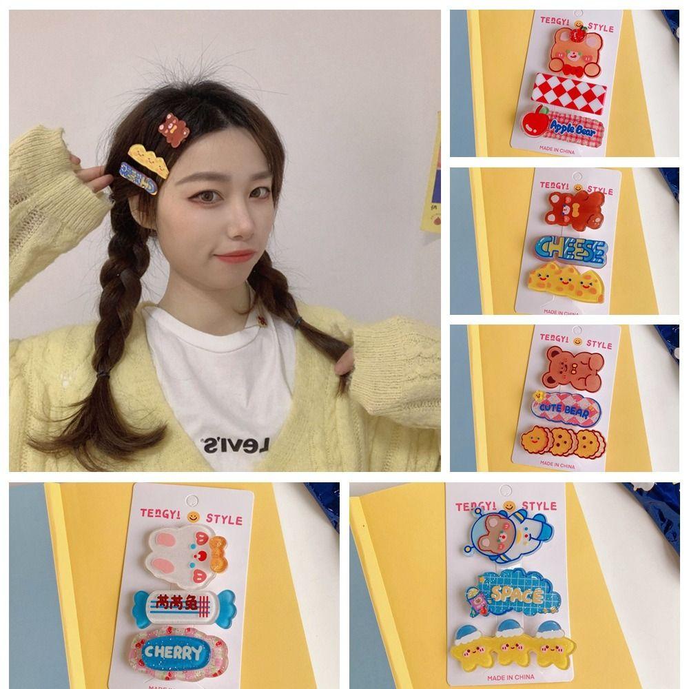 WMES15H Bộ 3 Kẹp Tóc Bằng Hợp Kim Acrylic Hình Gấu / Thỏ Hoạt Hình Cho Bé Gái