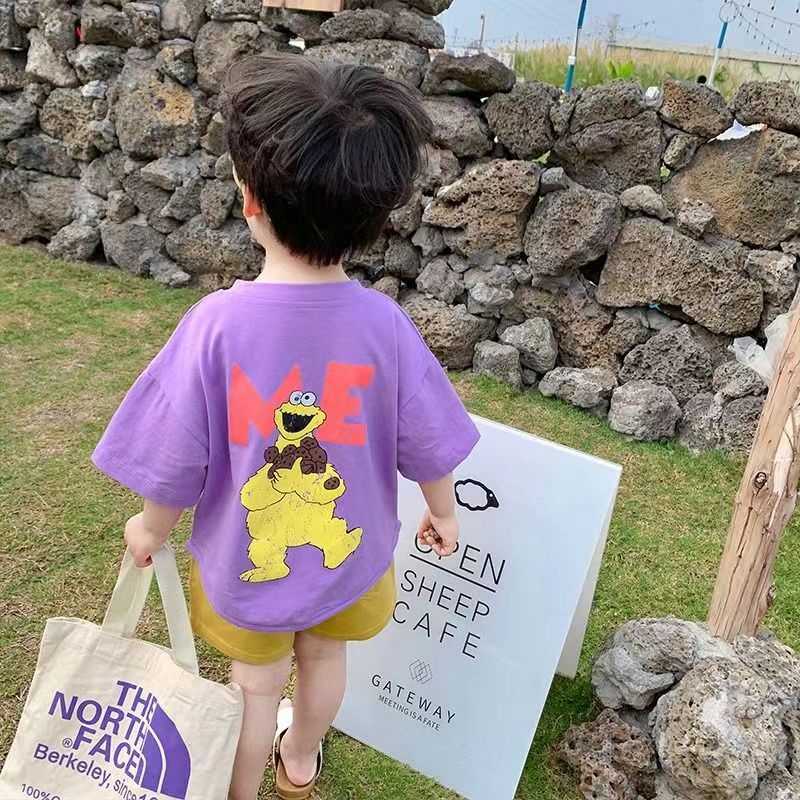 Áo Thun Cotton Tay Ngắn Cổ Tròn In Họa Tiết Hoạt Hình Phong Cách Hàn Quốc Thời Trang Mùa Hè Cho Bé Gái