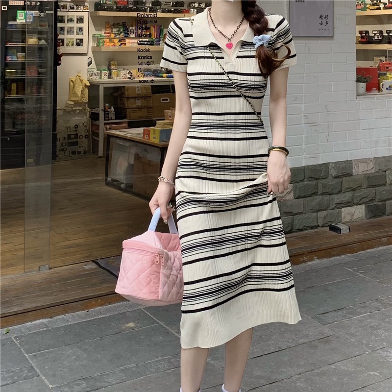 Đầm Dài Qua Gối Cổ Polo Dáng Ôm Họa Tiết Kẻ Sọc Thời Trang Mùa Hè Hàn Quốc Hàng Mới 2023 Dành Cho Bạn Nữ
