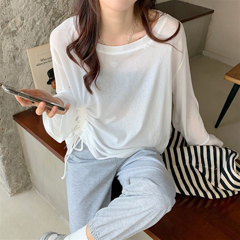 Áo Sơ Mi Lụa Lạnh Mỏng Dáng Rộng Tay Dài Chống Nắng Phối Dây Rút Thoáng Khí