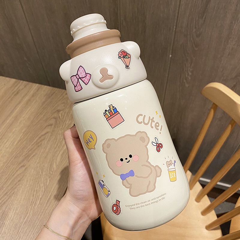 Bình Nước Giữ Nhiệt Dung Tích Lớn Có Ống Hút Thiết Kế Đơn Giản Dễ Thương