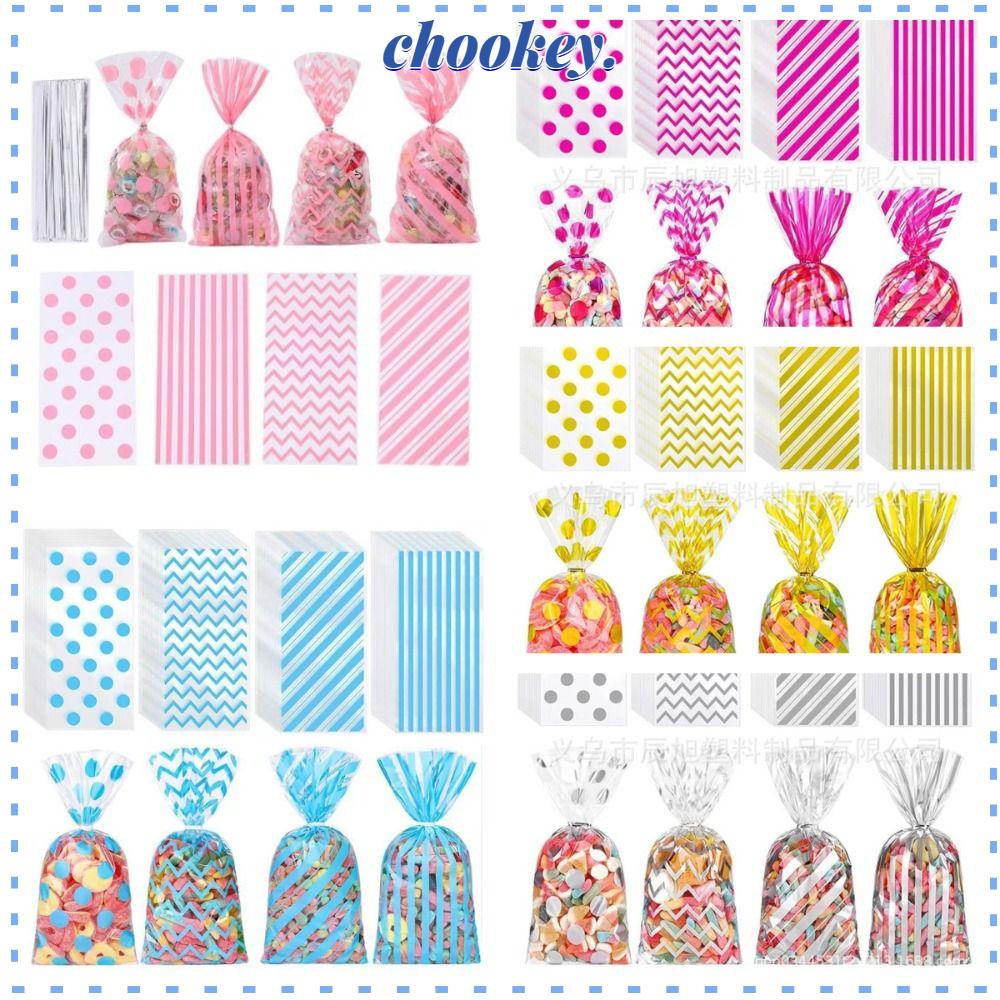 CHOOKEY Bộ 100 Túi Nhựa Đựng Kẹo Họa Tiết Chấm Bi / Sọc / Vàng / Bạc / Xanh Dương Nhiều Màu Tiện Dụng