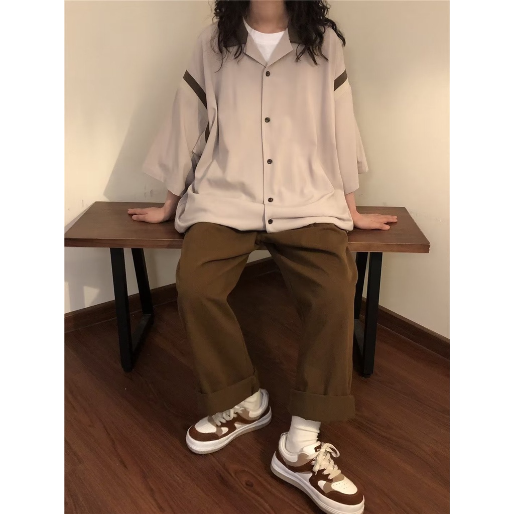 Naga Áo Sơ Mi Mỏng Tay Ngắn Cổ Đứng Phối Màu Retro Mỹ Mùa Hè Cho Nữ