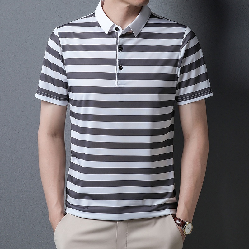 Áo Thun polo Cotton Lụa Lạnh Mỏng Dáng Rộng Tay Ngắn Kẻ Sọc Thoáng Khí Thời Trang Cho Nam