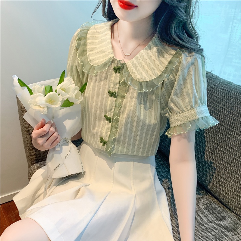 Áo Sơ Mi Tay Phồng Cổ Búp Bê Họa Tiết Kẻ Sọc Thời Trang Pháp 2023 Cho Nữ