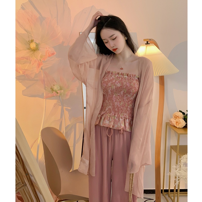 Áo Khoác Cardigan Chiffon Mỏng Thoáng Khí Kèm Đầm Hai Dây Thời Trang Mùa Hè Mới 2023