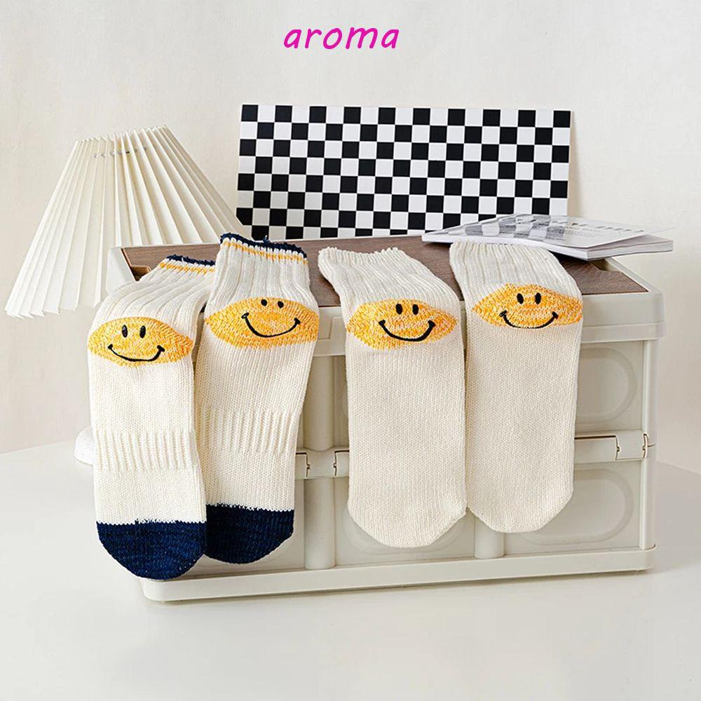 AROMA Đôi Tất Dệt Kim In Hình Mặt Cười Xinh Xắn