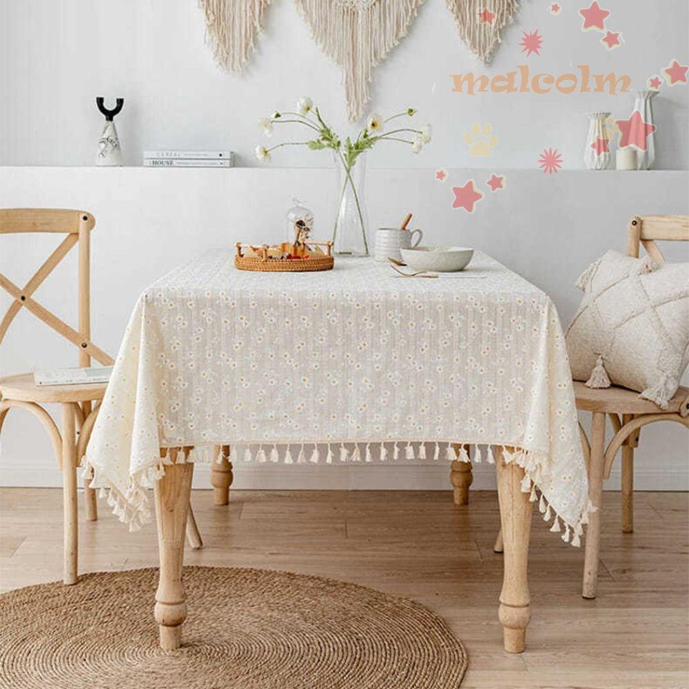 MALCOLM Khăn Trải Bàn Vải Cotton Phối Ren Tua Rua Họa Tiết Hoa Cúc Xinh Xắn