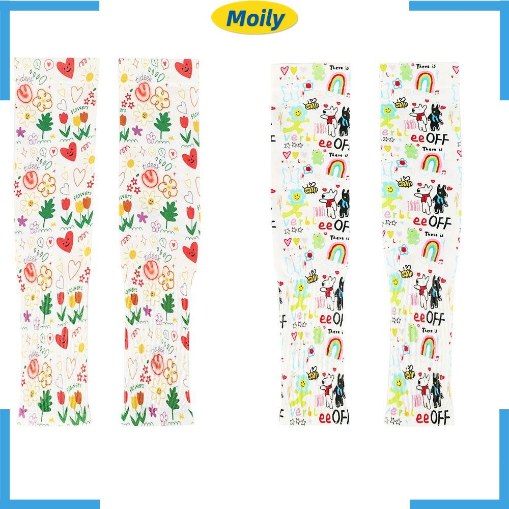 MOILYVN Bộ 2 Đôi Găng Tay Chống Nắng / Tia UV Vải Lụa Lạnh Mỏng Dáng Rộng In Họa Tiết Hoa / Cầu Vồng Xinh Xắn Cho Nữ