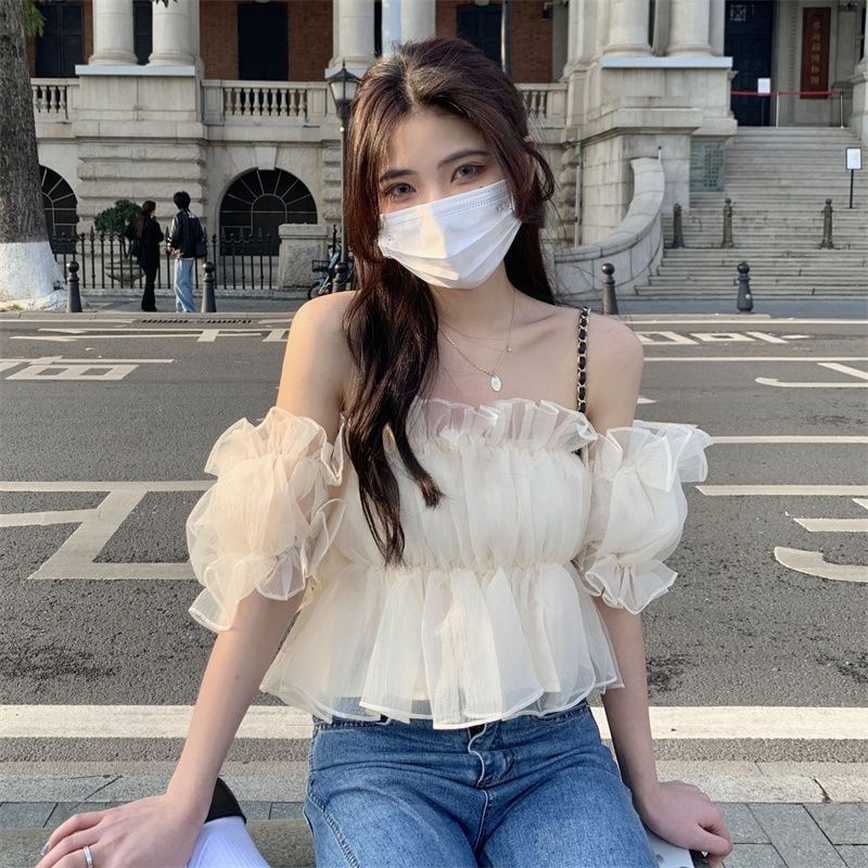 Áo Kiểu Tay Ngắn Phồng Trễ Vai Phong Cách Pháp Ngọt Ngào Dễ Phối Đồ Cho Nữ