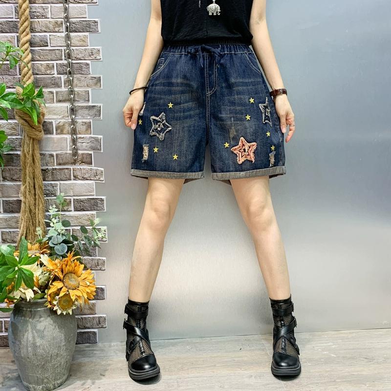 Quần Short denim Lưng Thun Co Giãn Thêu Họa Tiết Ngôi Sao Thời Trang Mùa Hè 2023 Cho Nữ