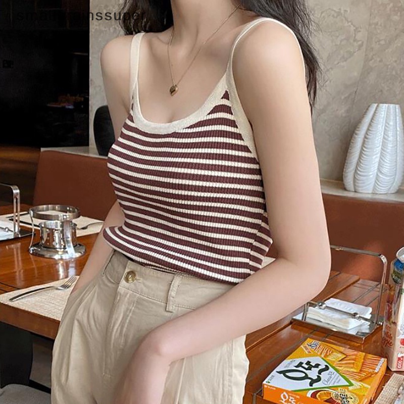 Áo Hai Dây Dệt Kim Họa Tiết Kẻ Sọc Phong Cách Vintage Thời Trang Mùa Hè Cho Nữ