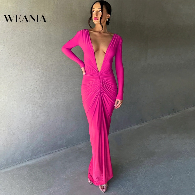 Đầm Maxi Tay Dài Cổ Chữ V Xếp Ly Quyến Rũ (2 Cách Mặc)