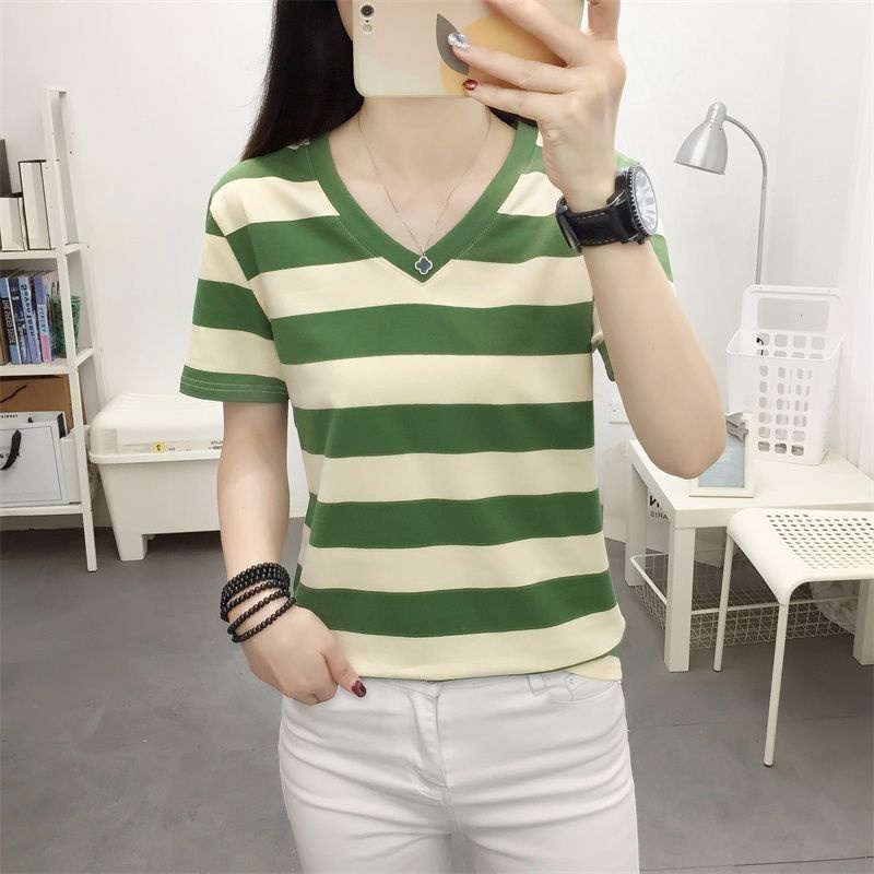 Áo Thun Tay Ngắn Cổ Chữ V Form Rộng Họa Tiết Kẻ Sọc Thời Trang Mùa Hè Mới