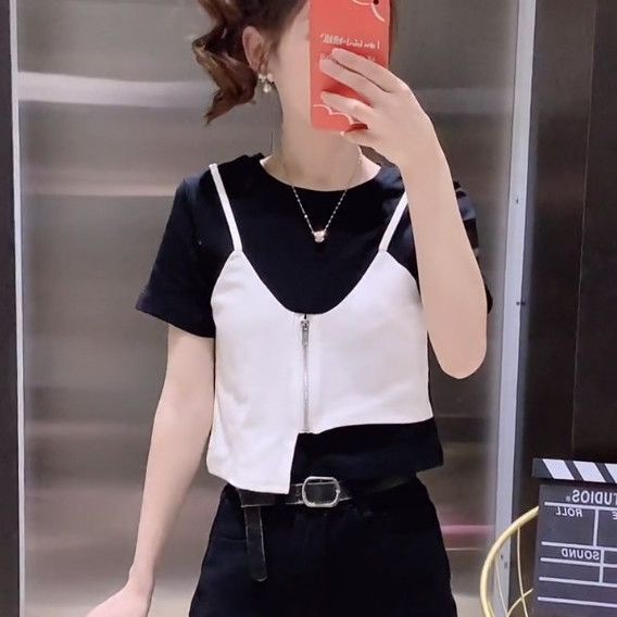 Áo Thun Ngắn Tay Giả Hai Lớp Phong Cách Ngọt Ngào Cho Nữ