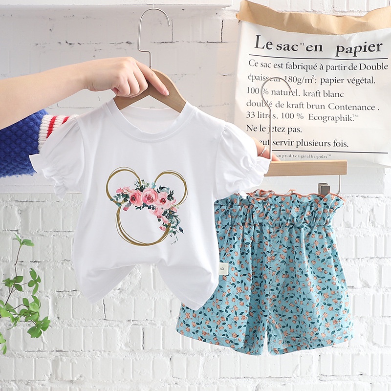 Set Đồ Mùa Hè 2 Món Gồm Áo Thun Cotton In Họa Tiết Minnie + Quần Ngắn Cho Bé Gái 0-5 Tuổi