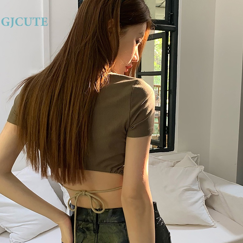 Áo Thun Crop Top Tay Ngắn Cổ Tròn Màu Trơn Cột Dây Hở Lưng Thời Trang Mùa Hè Xinh Xắn Cho Nữ