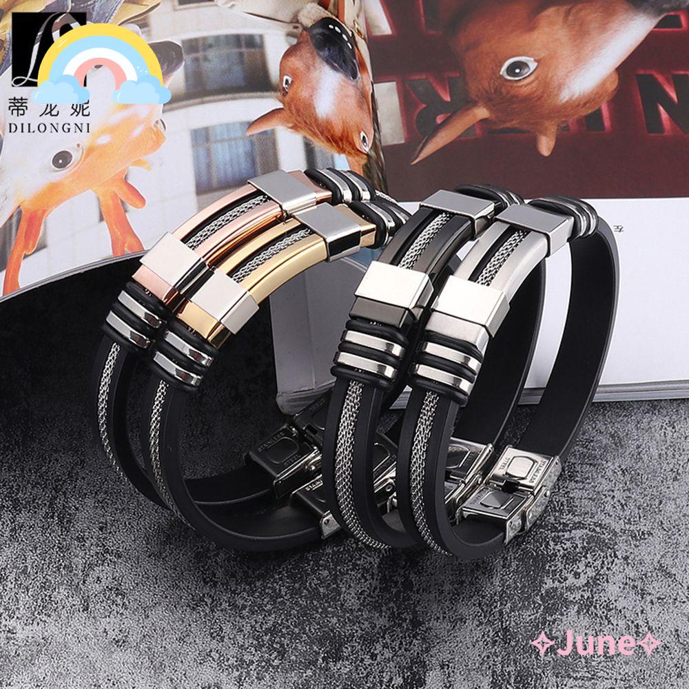 JUNE Vòng Tay Da Với Mặt Thép Không Gỉ Cá Tính Cho Nam